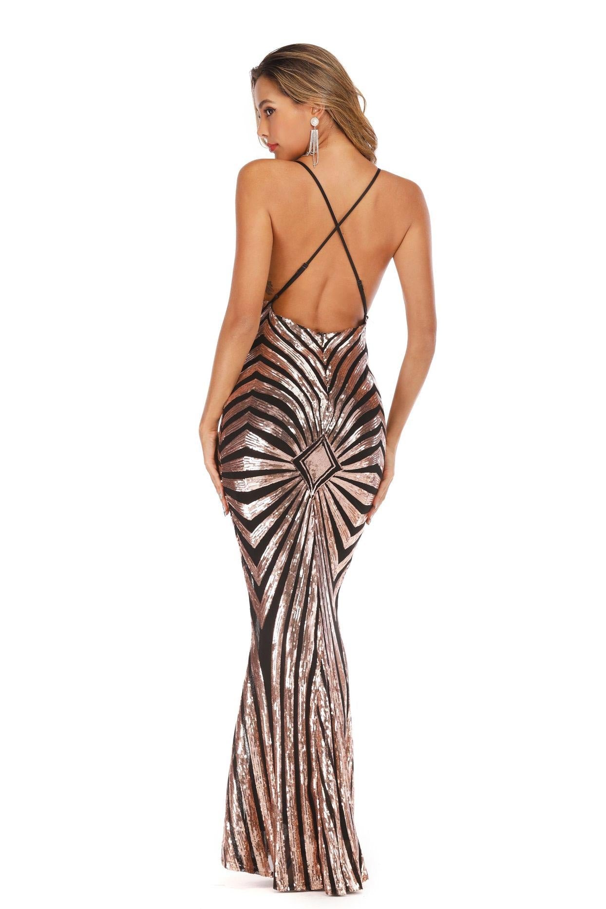 Sexy V-neck Sequined Crisscross Mermaid Bodycon Dress