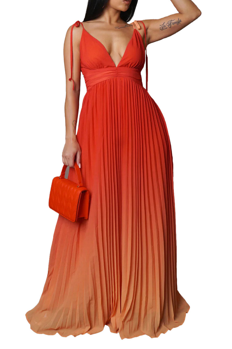 Sexy Backless Plunging Gradient Maxi Dress