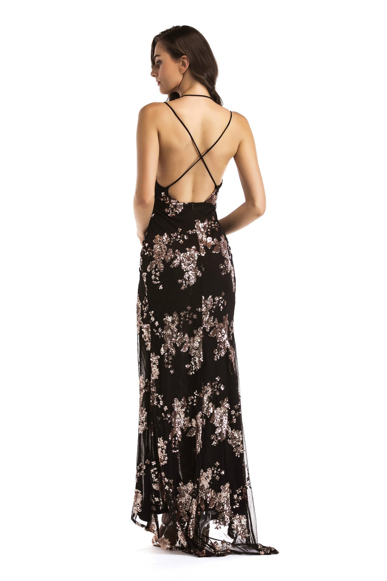 Sexy Black High Split Backless Evening Dresses