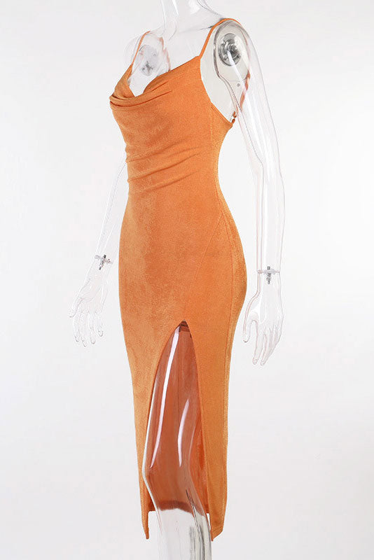 Sexy Knitted Orange Split Spaghetti Straps Dress