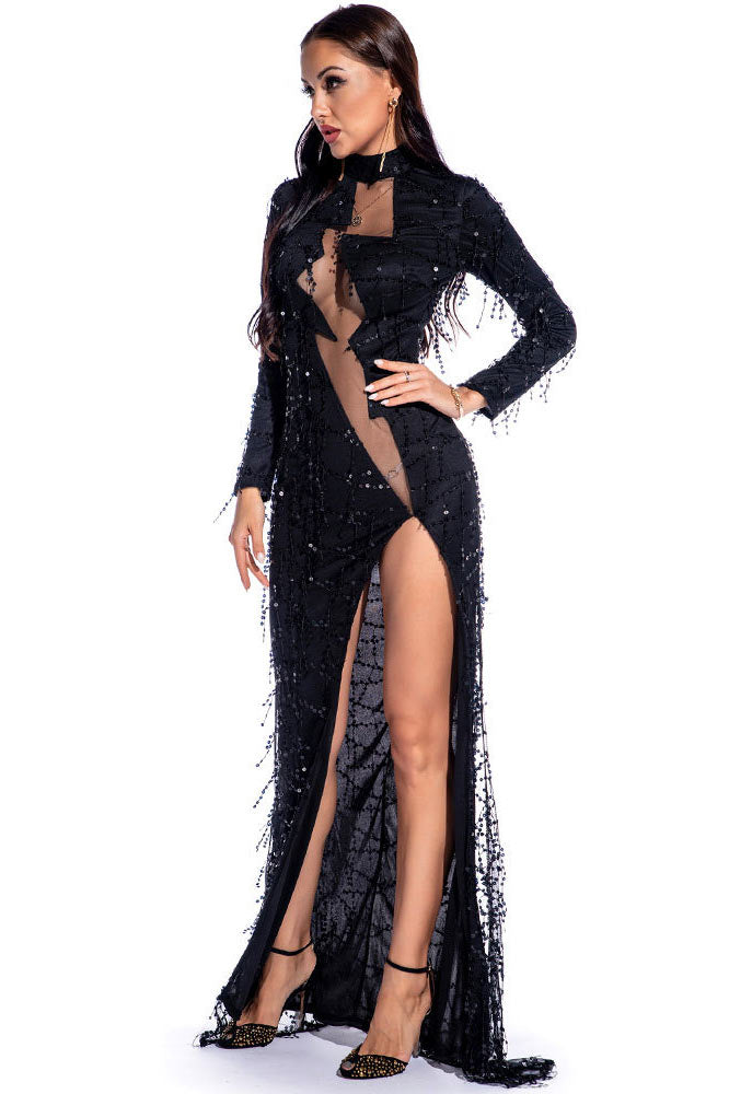 Sexy Long Sleeve High Split Champagne Evening Dresses