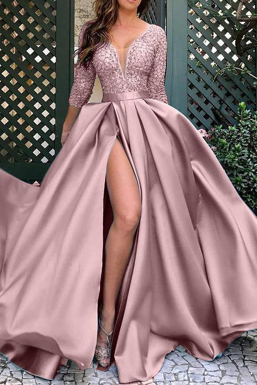 Sexy Pink Slit A-Line Formal Gown Prom Dress