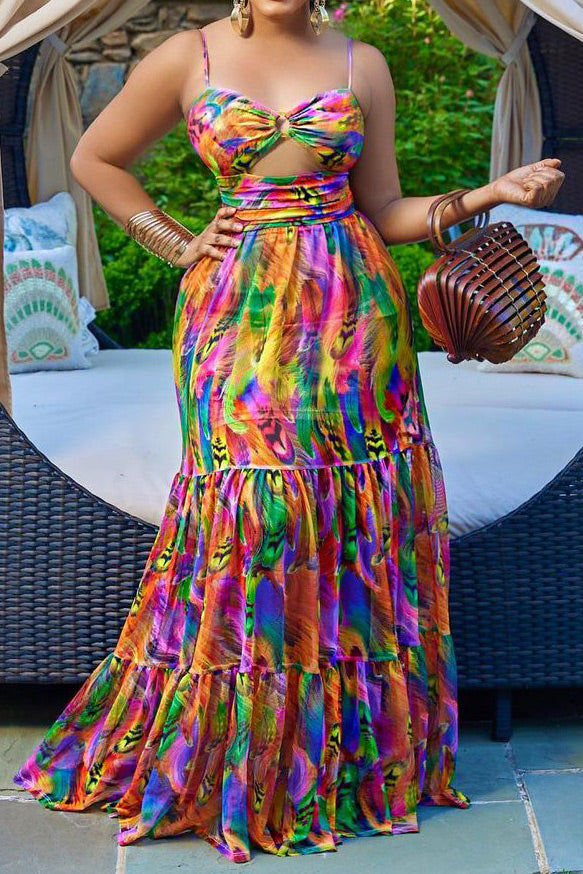 Sexy Print Cut Out Sleeveless Maxi Dress