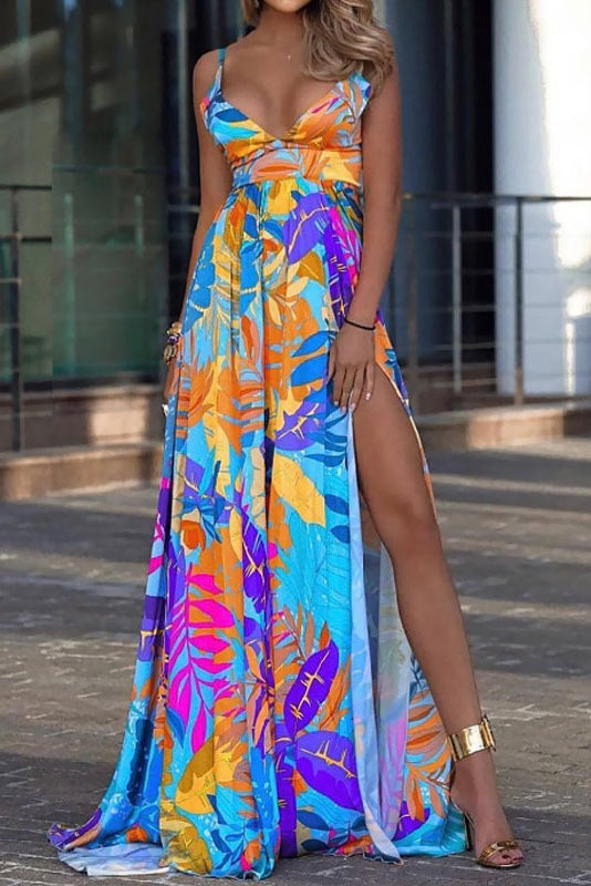 Sexy Print High Slit Evening Dresses