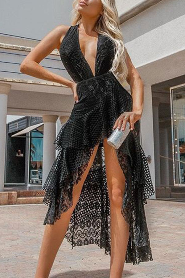 Sexy Deep V High Low Dress