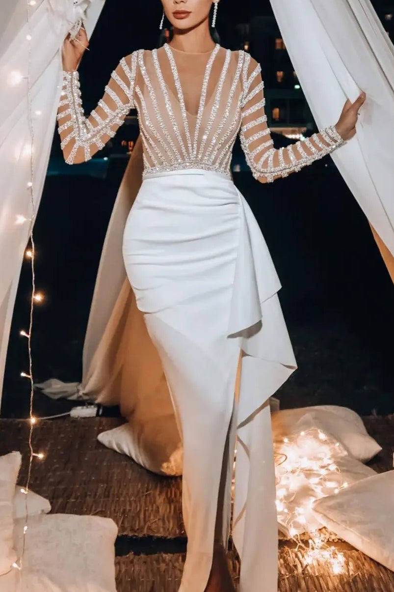 Sheath White Long Sleeve See Through Evening Dress