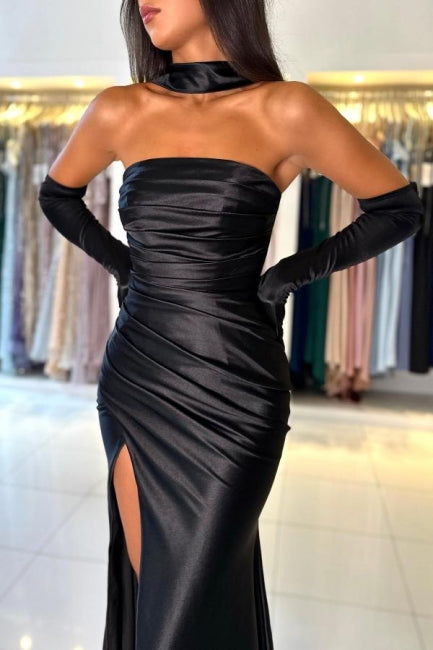 Simple Long Black Mermaid Strapless Satin Prom Dress with Side Slit