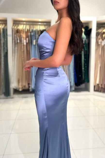 Chic Long Dusty Blue Mermaid Satin Sleeveless Prom Dress with Stylish Slit