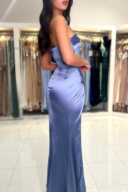 Chic Long Dusty Blue Mermaid Satin Sleeveless Prom Dress with Stylish Slit