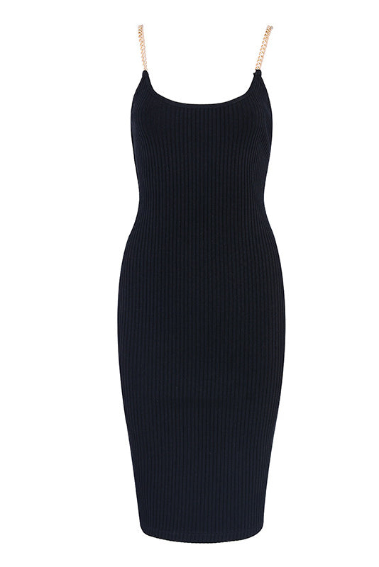 Solid Chain Sleeveless Ribbed Bandage Dress