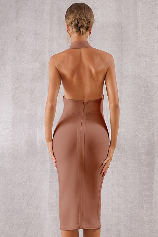 Solid V-neck Halter Backless Bandage Dress