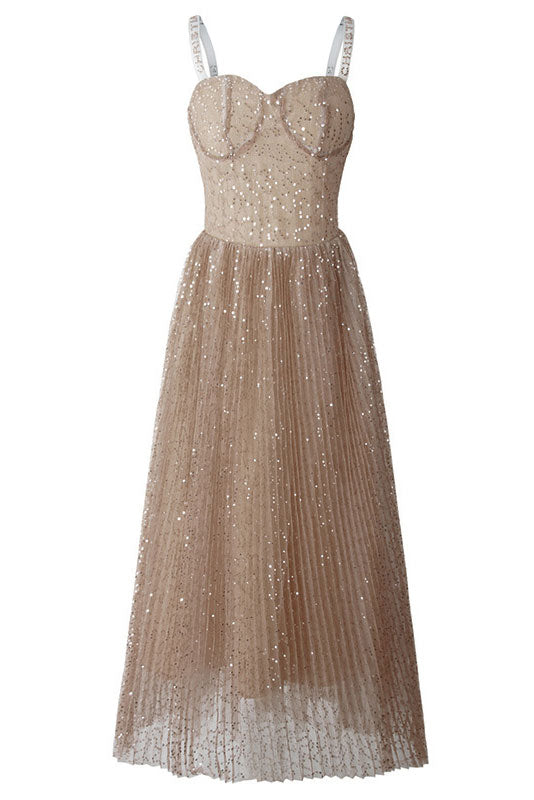 Sparkly Champagne Spaghetti Straps Sequin Dress