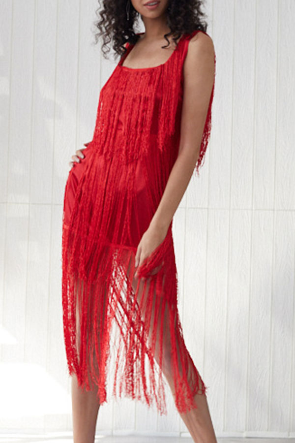 Red Square Backless Tassel Dress