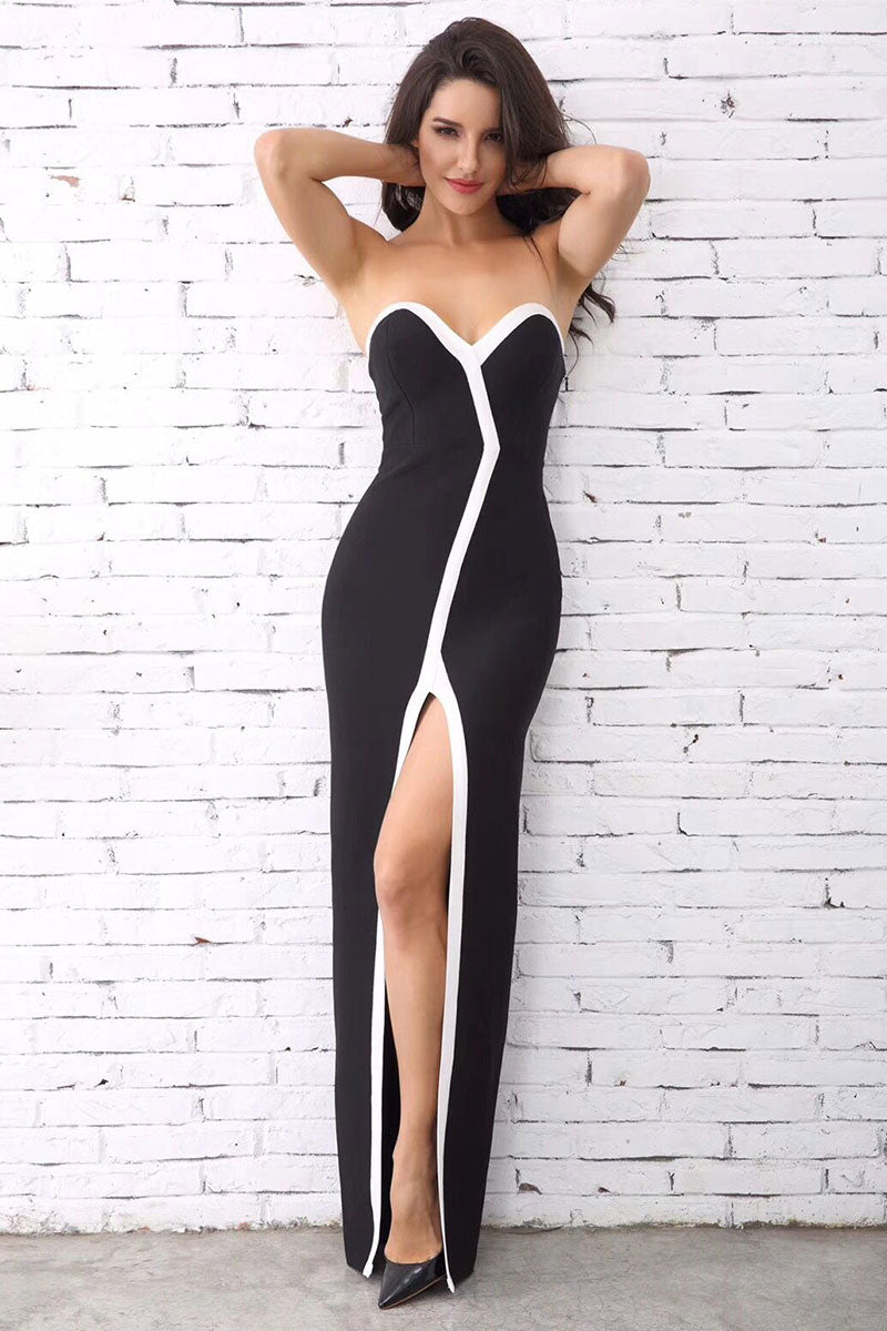 Strapless Thigh-high Slit Black Sheath Bandage Dress