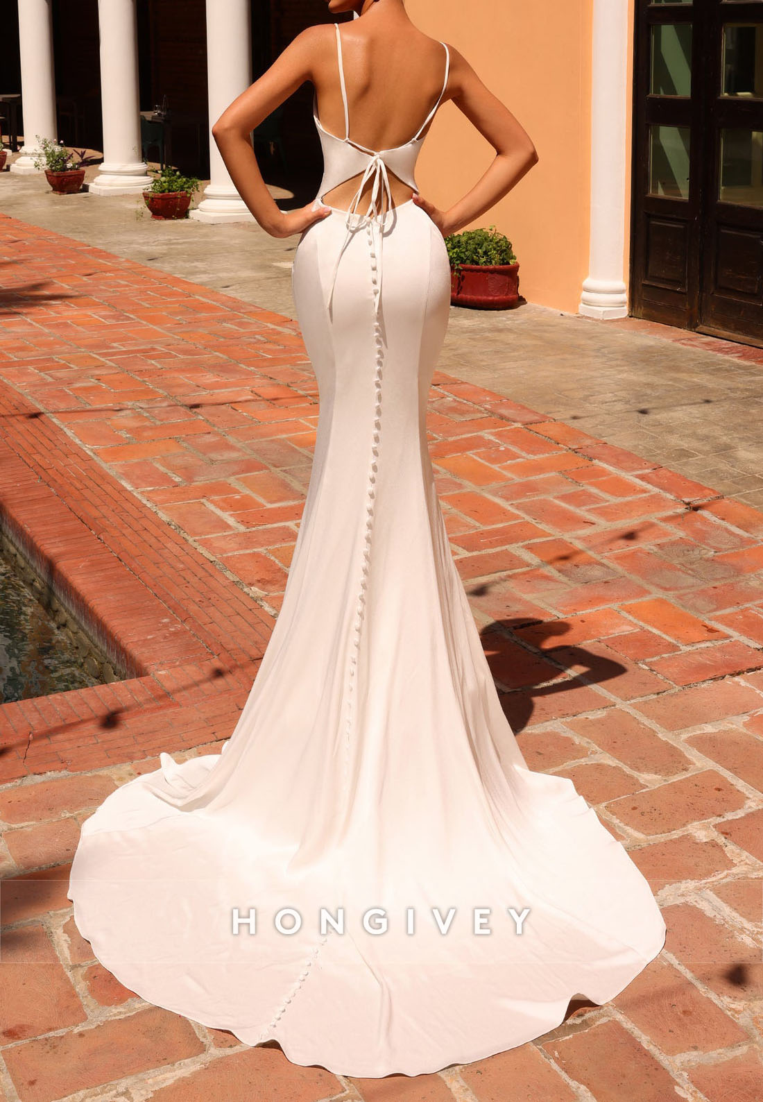 H1778 - V-Neck Spaghetti Straps Trumpet Beach Wedding Dress