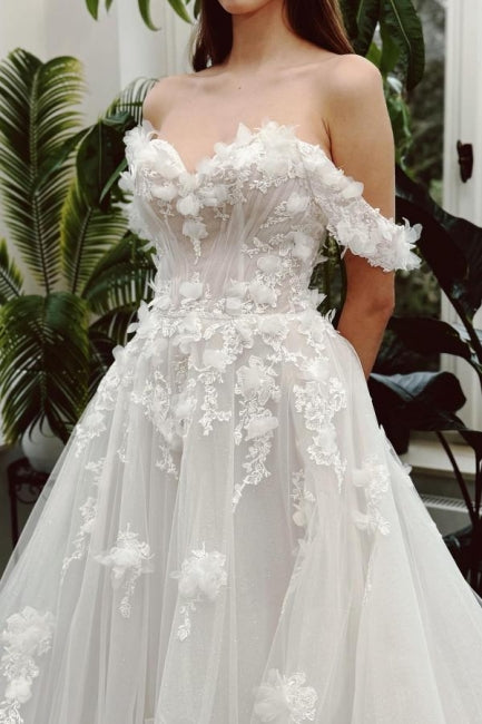 Sweetheart Long Ivory A-Line Off-the-Shoulder Lace Sleeveless Wedding Dress