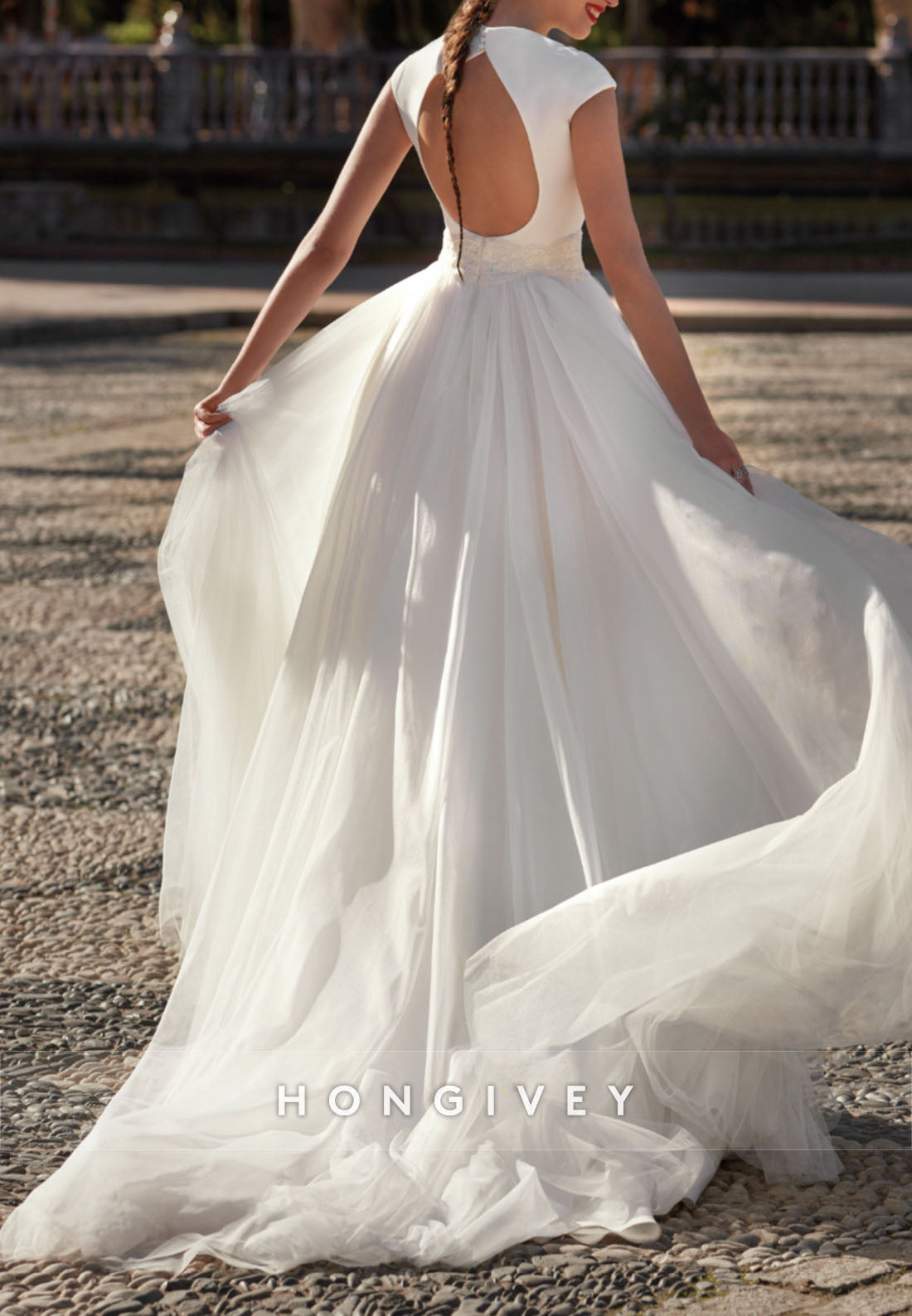 H1775 - A-Line V-Neck Cap Sleeves Tulle Summer Beach Wedding Dress