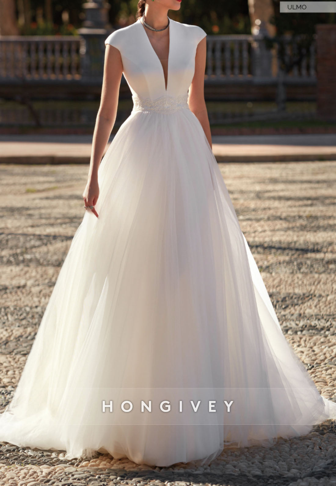 H1775 - A-Line V-Neck Cap Sleeves Tulle Summer Beach Wedding Dress