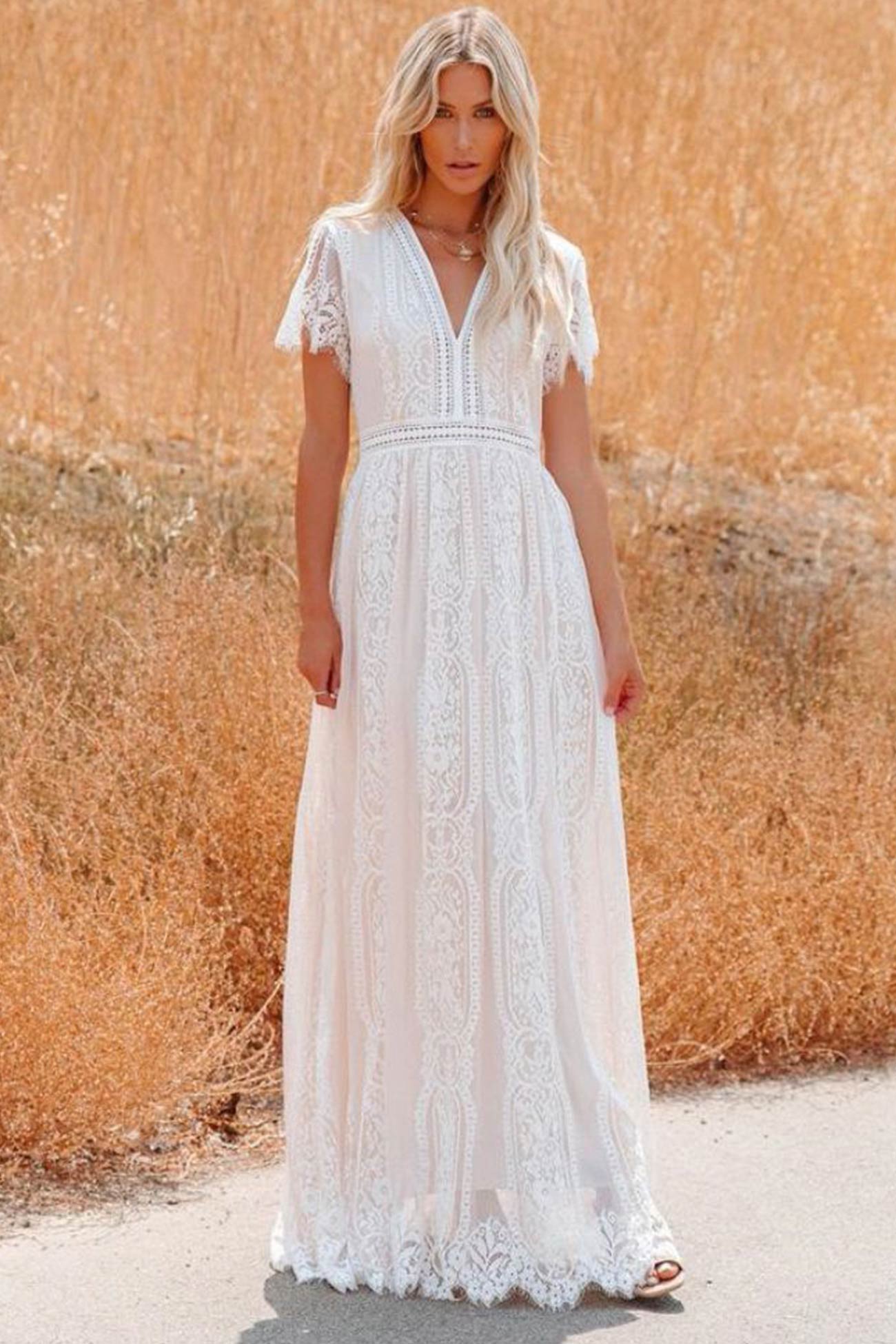 V Neck Lace Embroidery Maxi Dress