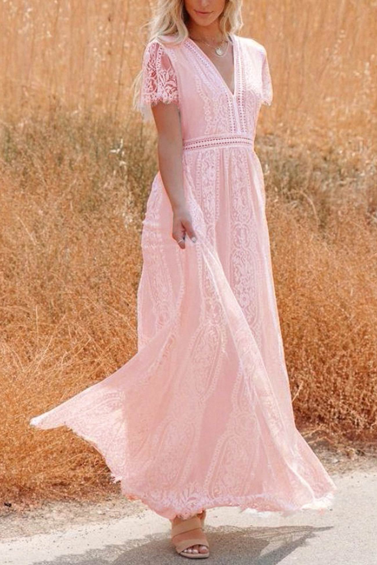 V Neck Lace Embroidery Maxi Dress