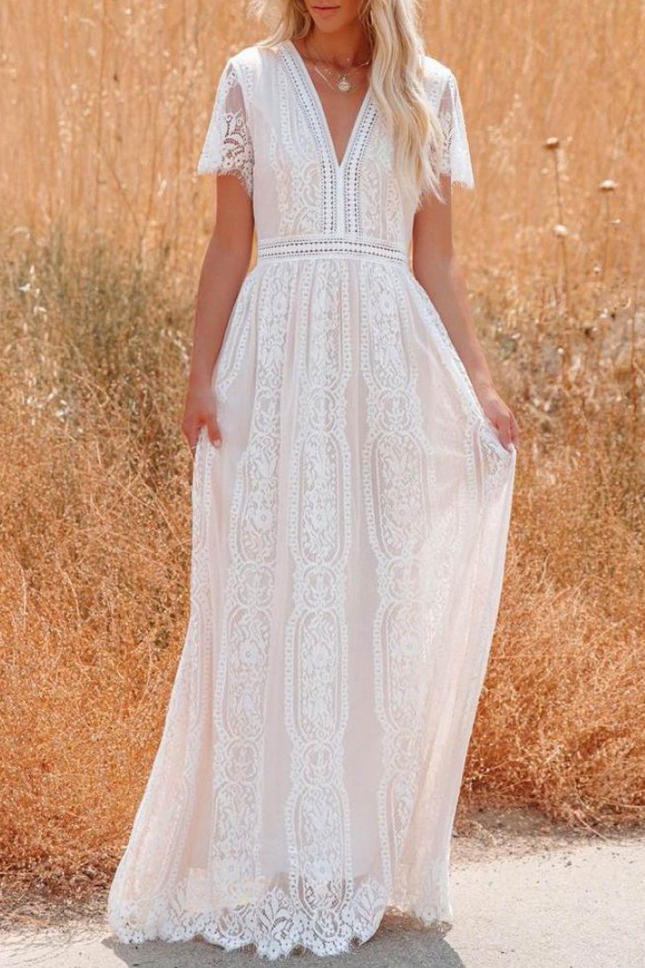 V Neck Lace Embroidery Maxi Dress