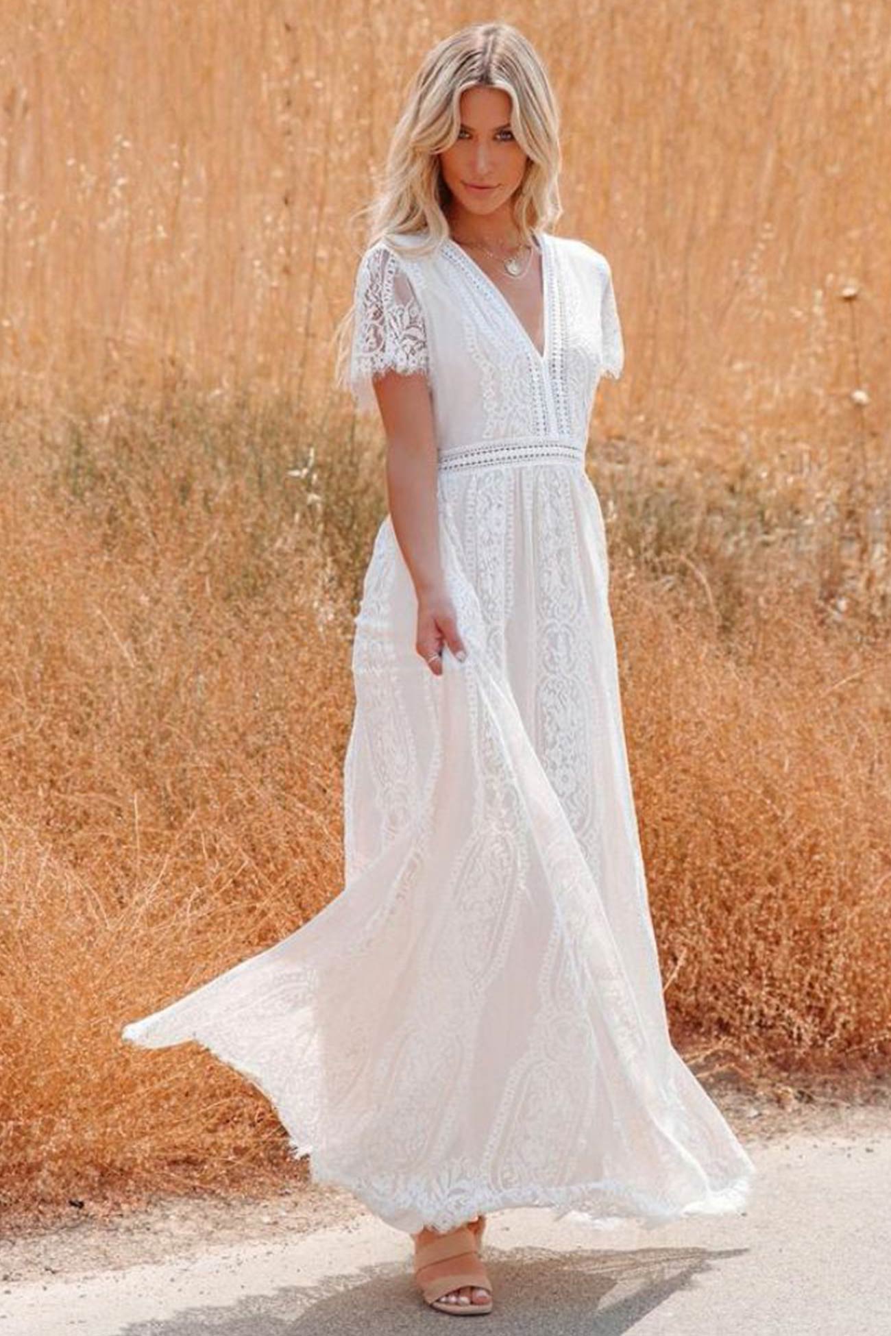 V Neck Lace Embroidery Maxi Dress