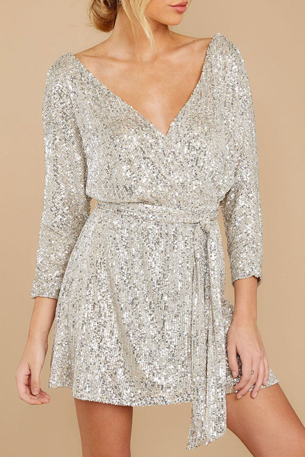 Double V-neck Tie Front Sequins Dress