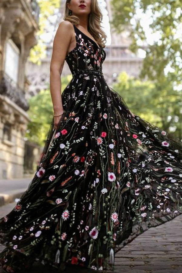 V-neck Embroidered Sleeveless Long Dress