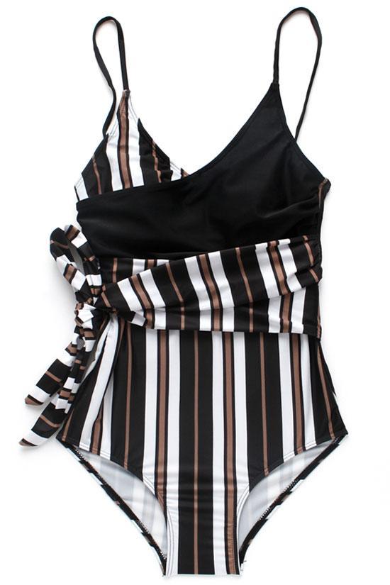 Vertical Striped Knotted Side Wrap One Piece Swimsuit