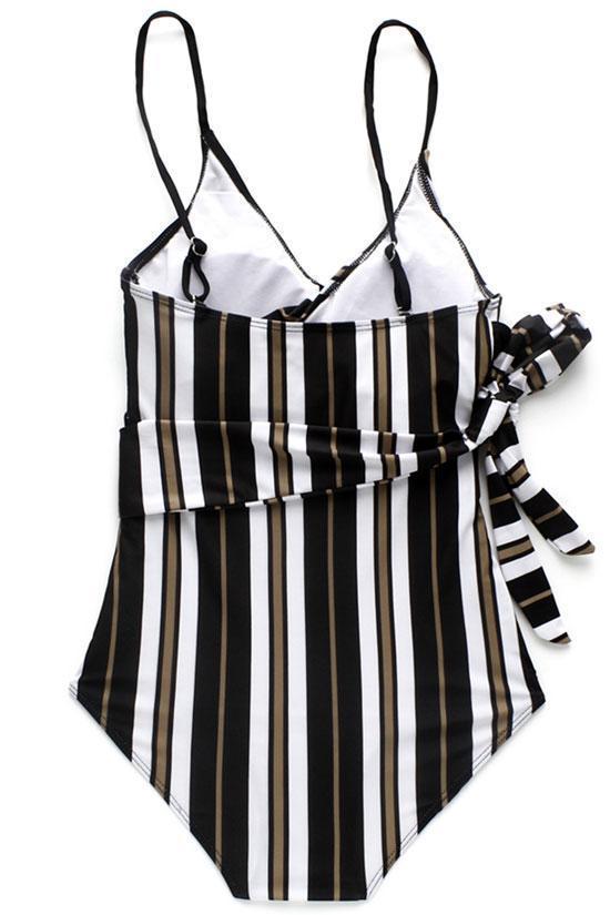 Vertical Striped Knotted Side Wrap One Piece Swimsuit