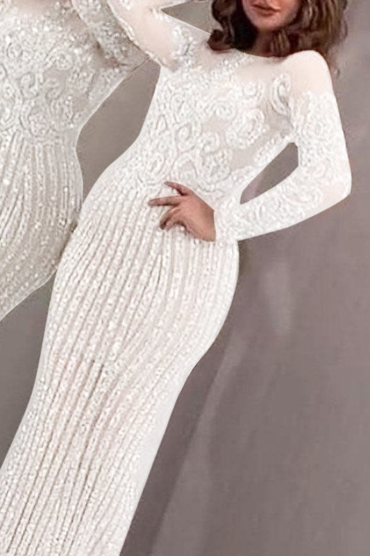 White Long Sleeve Mermaid Evening Formal Dress