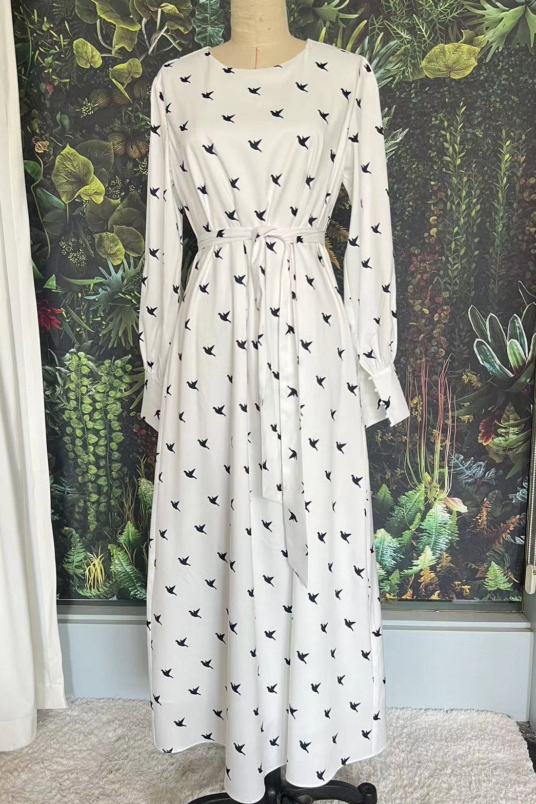 White Long Sleeve Print Dress