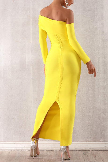 Yellow Off Shoulder Split Back Bandage Dress