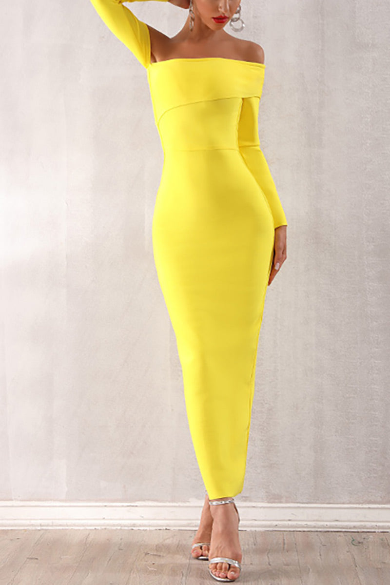 Yellow Off Shoulder Split Back Bandage Dress