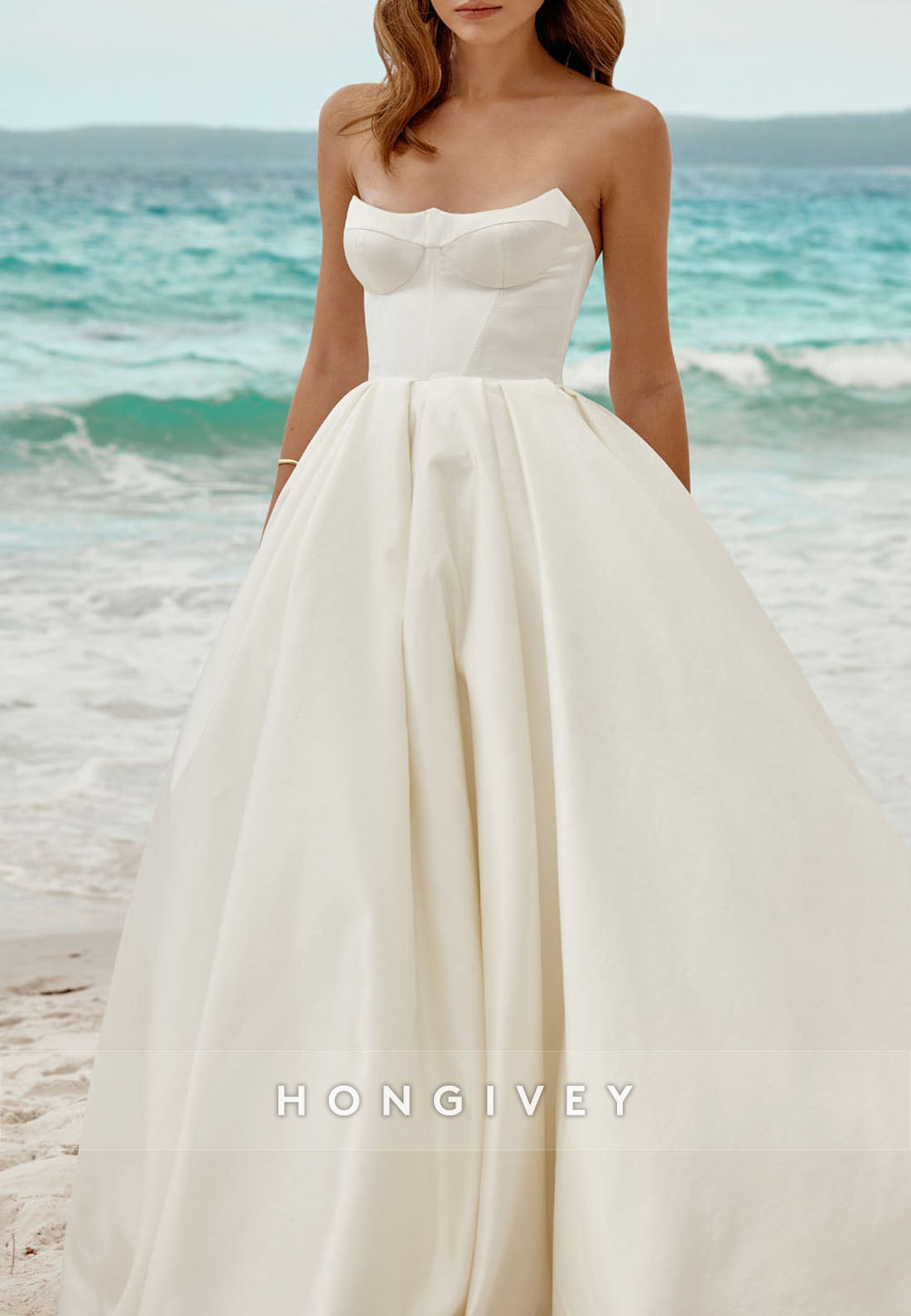 H1772 - Satin A-Line Strapless Sleeveless Long Beach Wedding Dress