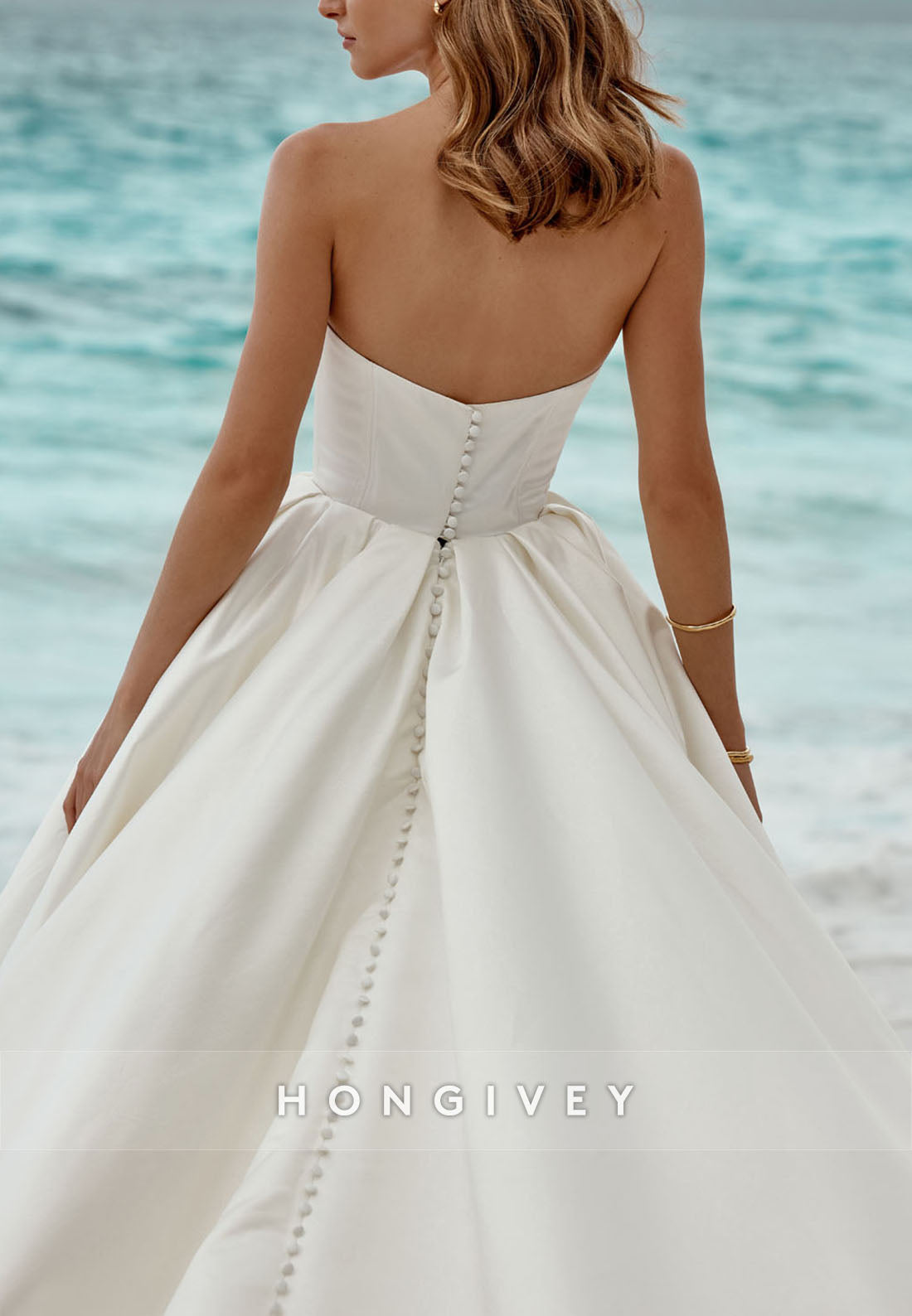 H1772 - Satin A-Line Strapless Sleeveless Long Beach Wedding Dress