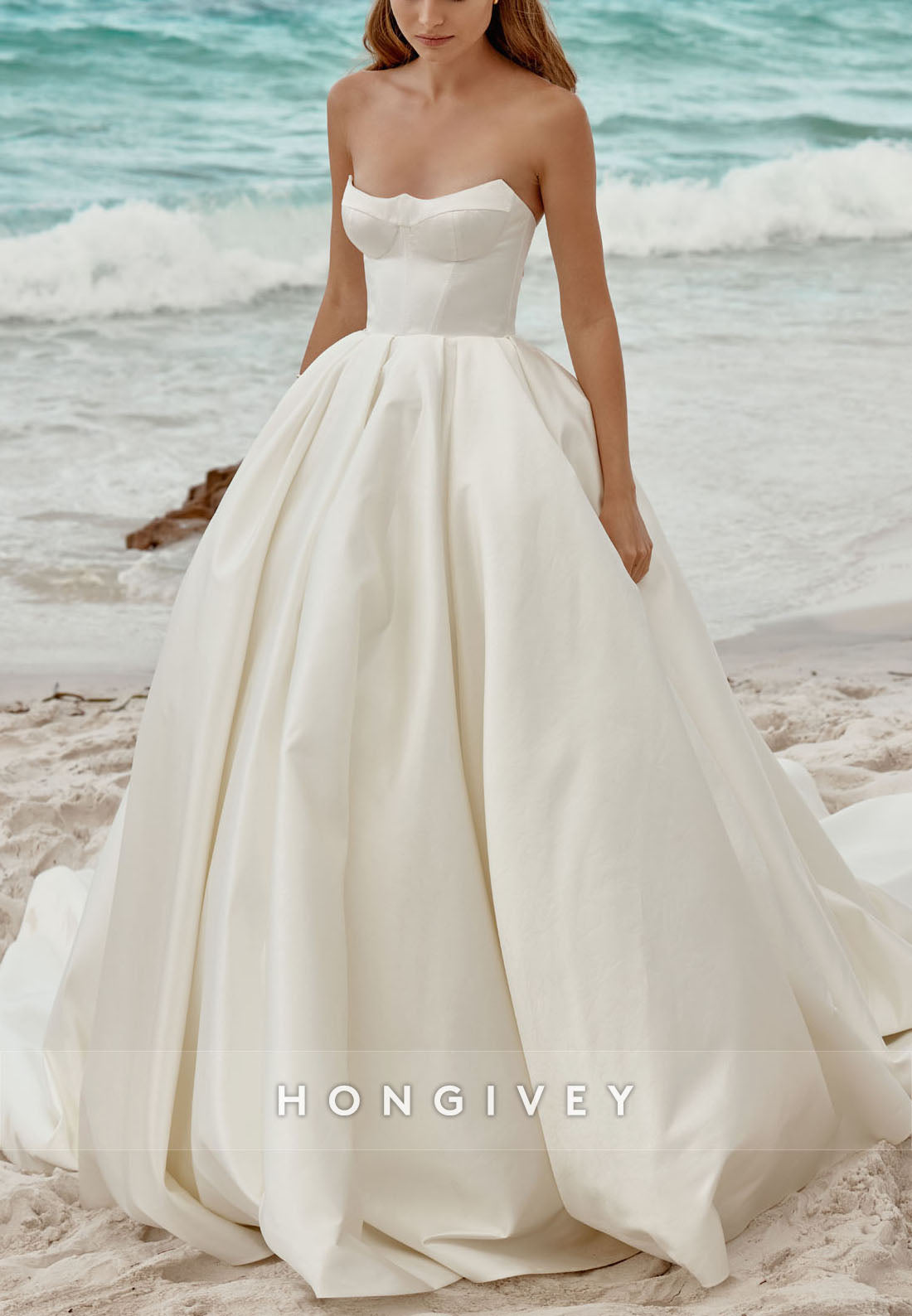 H1772 - Satin A-Line Strapless Sleeveless Long Beach Wedding Dress