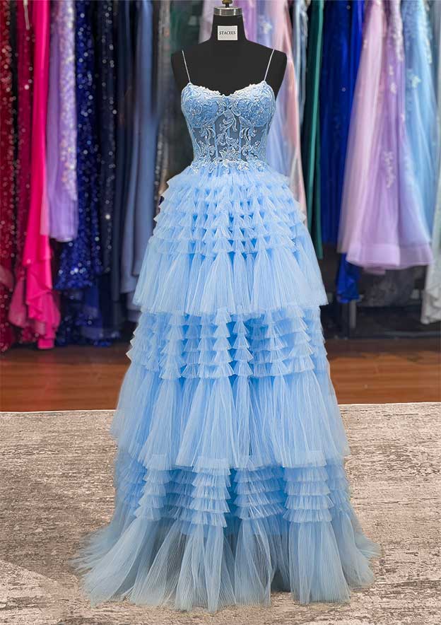 A-Line Bateau Sleeveless Prom Dress/Evening Dress with Appliqued Beading Ruffles and Tulle Long/Floor-Length Skirt