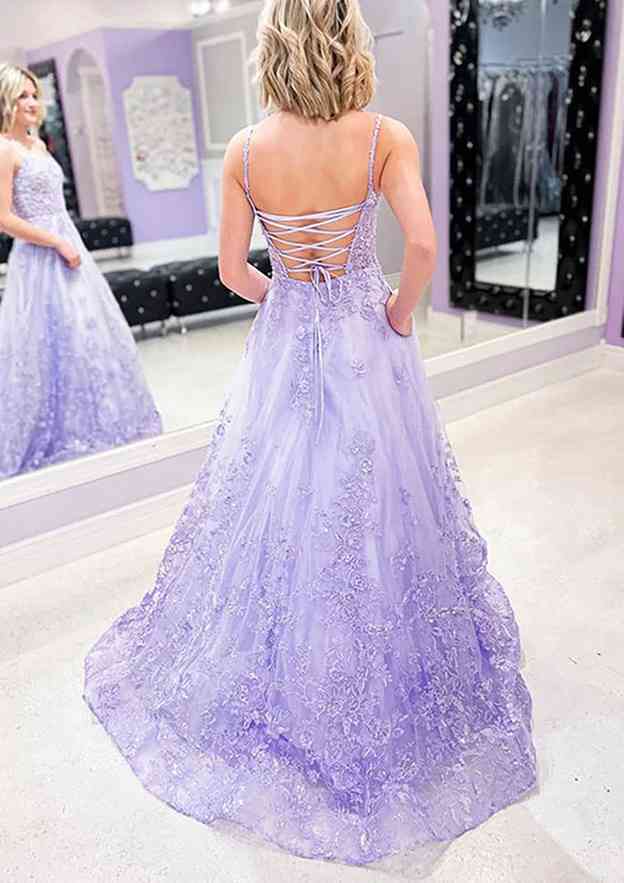 A-Line Beautiful Sleeveless Laced Tulle Prom Dress/Evening Dress With Beading Glitter and Pockets