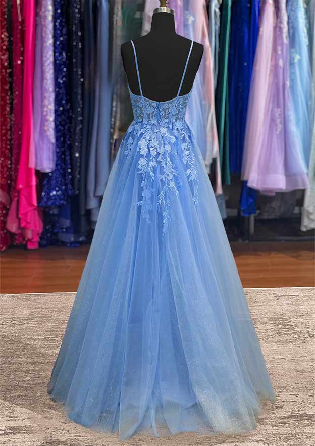 A-Line Beautiful Sleeveless Tulle Long Prom Dress/Evening Dress with Appliqued