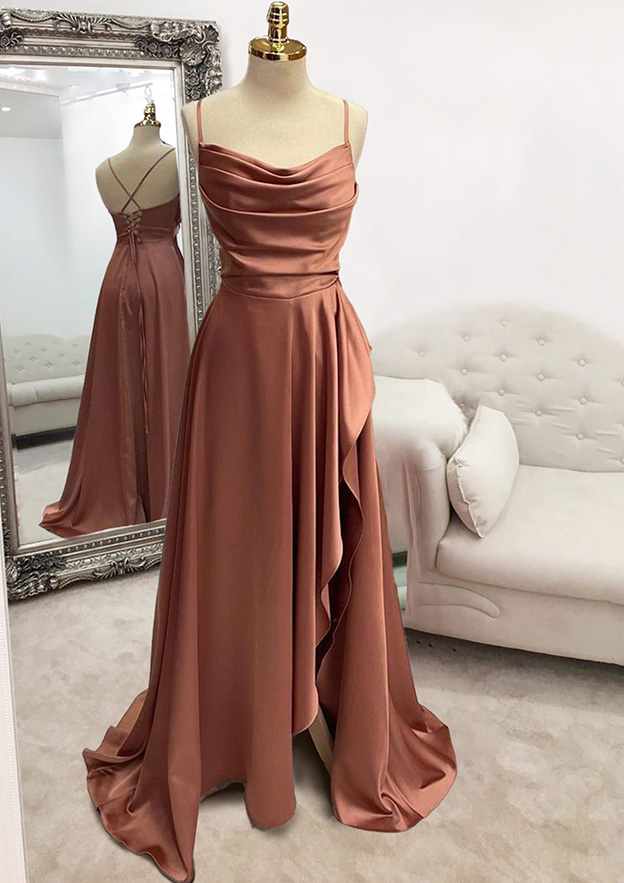 A-Line Beautiful Spaghetti Straps Long/Floor-Length Satin Prom Dress/Evening Dress with Pleated Split