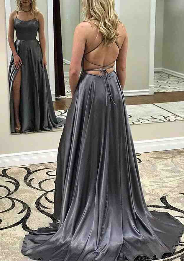 A-Line Beautiful Spaghetti Straps Split Prom Dress/Evening Dress with Charmeuse Sweep Train