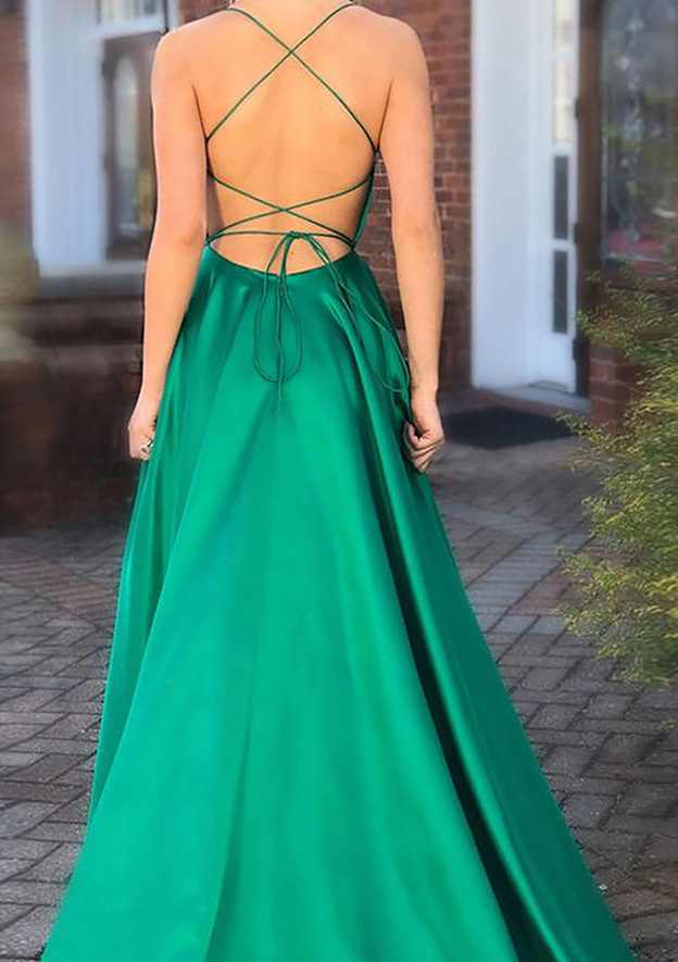 A-Line Charmeuse Prom Dress/Evening Dress with Square Neckline Spaghetti Straps Split Pockets and Sweep Train