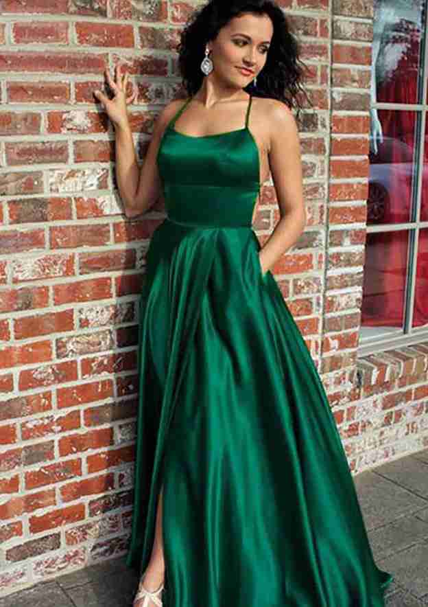 A-Line Charmeuse Prom Dress/Evening Dress with Square Neckline Spaghetti Straps Split Pockets and Sweep Train