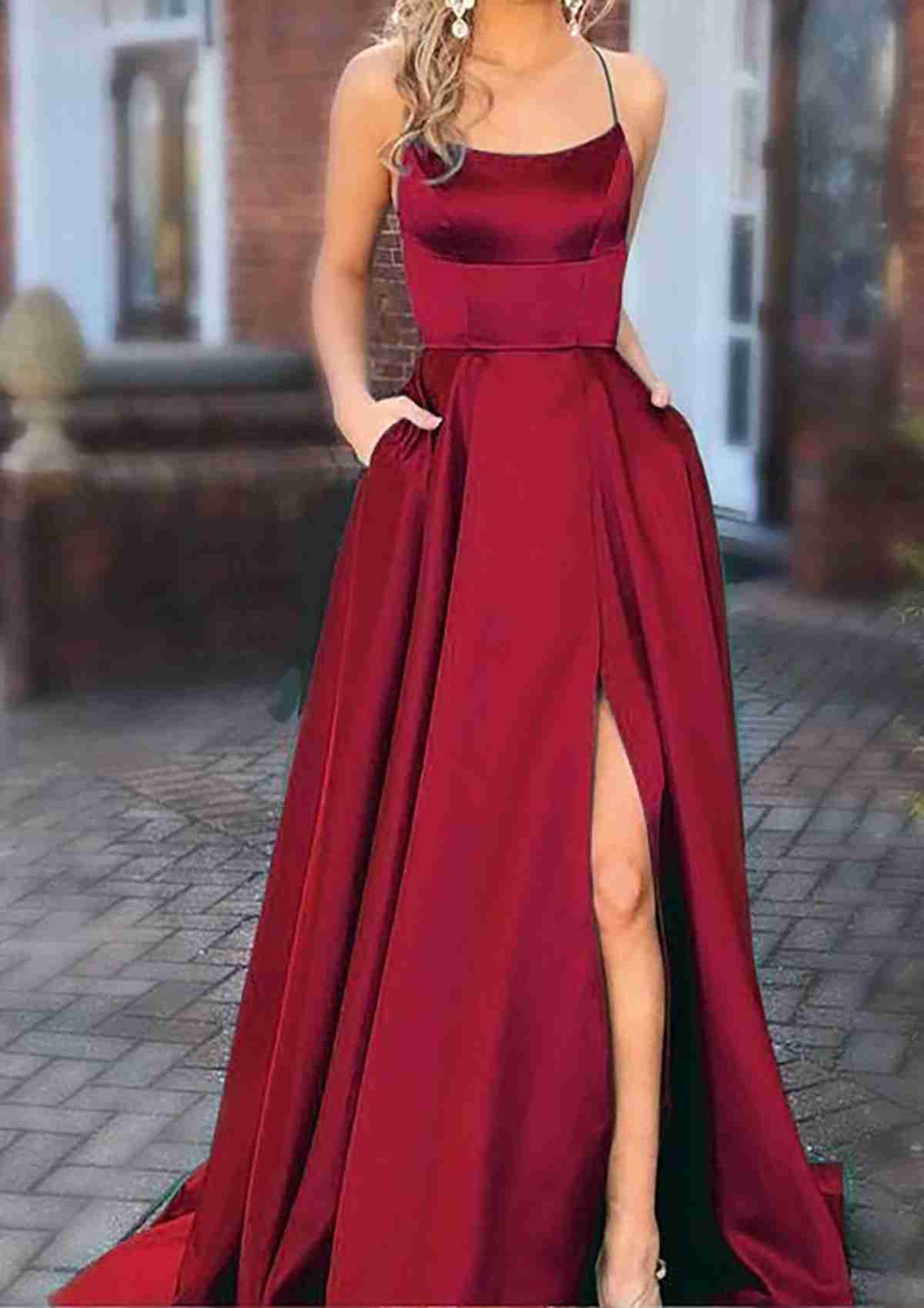 A-Line Charmeuse Prom Dress/Evening Dress with Square Neckline Spaghetti Straps Split Pockets and Sweep Train