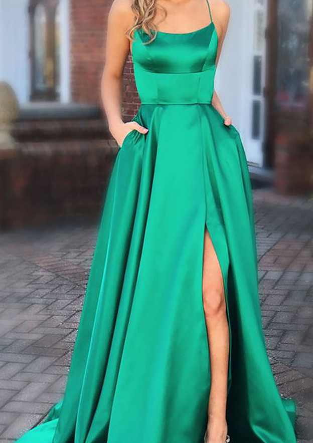 A-Line Charmeuse Prom Dress/Evening Dress with Square Neckline Spaghetti Straps Split Pockets and Sweep Train