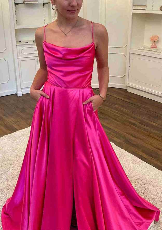 A-Line Cowl Neck Spaghetti Straps Sweep Train Charmeuse Prom Dress/Evening Dress With Split Pockets Pleated