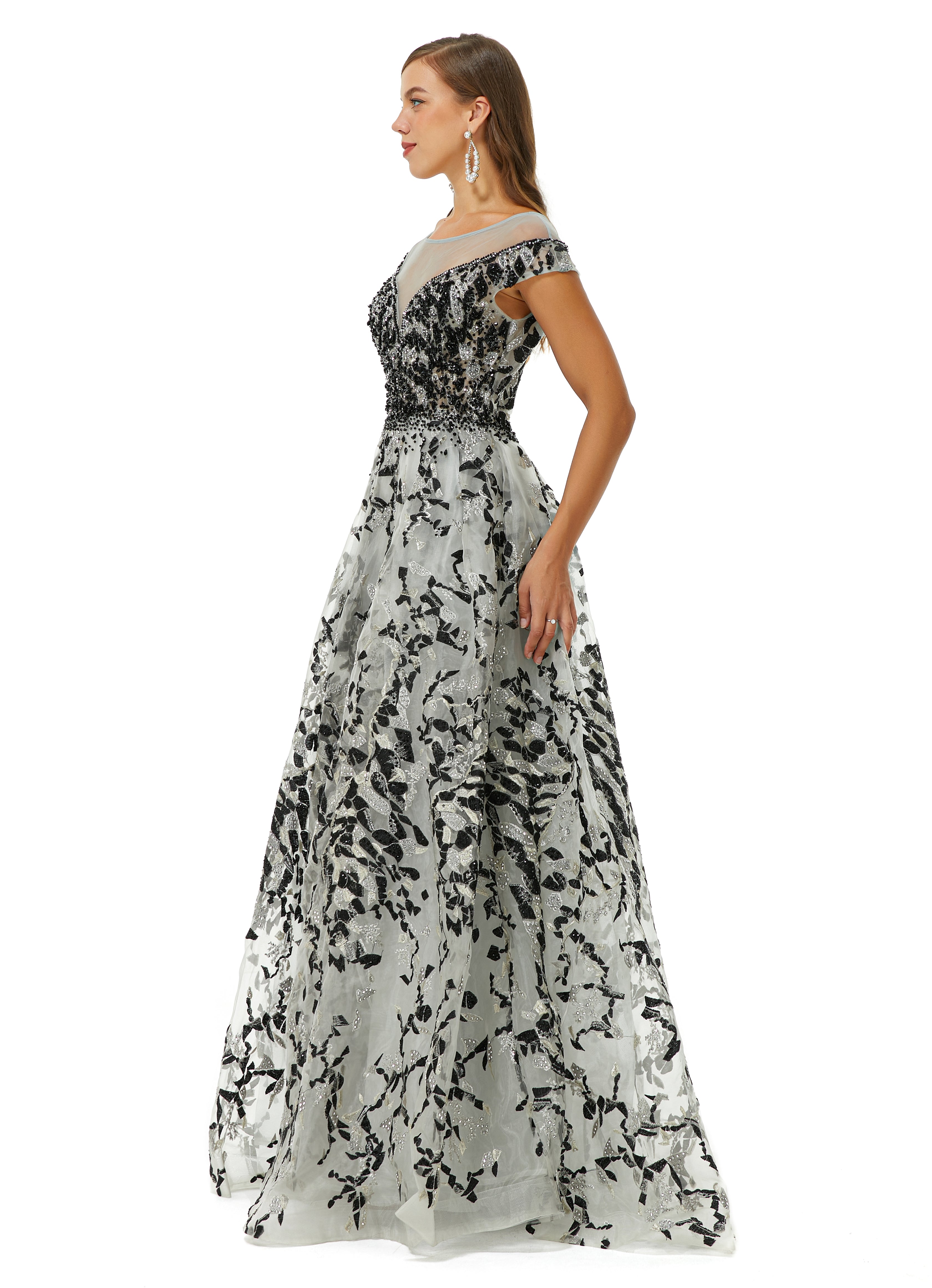 A-line Jewel Beaded Floor-length cap sleeve Sequined Prom Dress