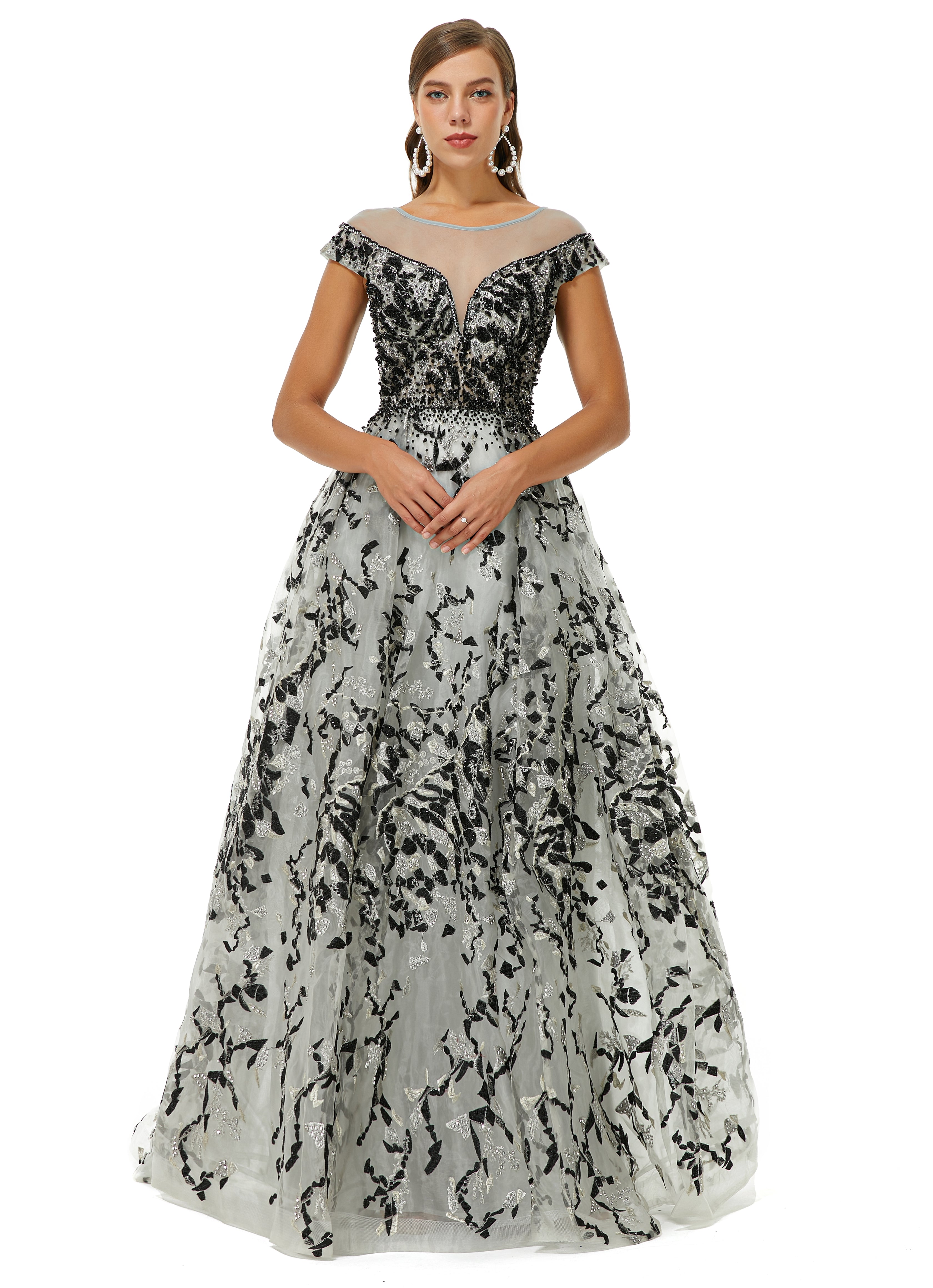 A-line Jewel Beaded Floor-length cap sleeve Sequined Prom Dress