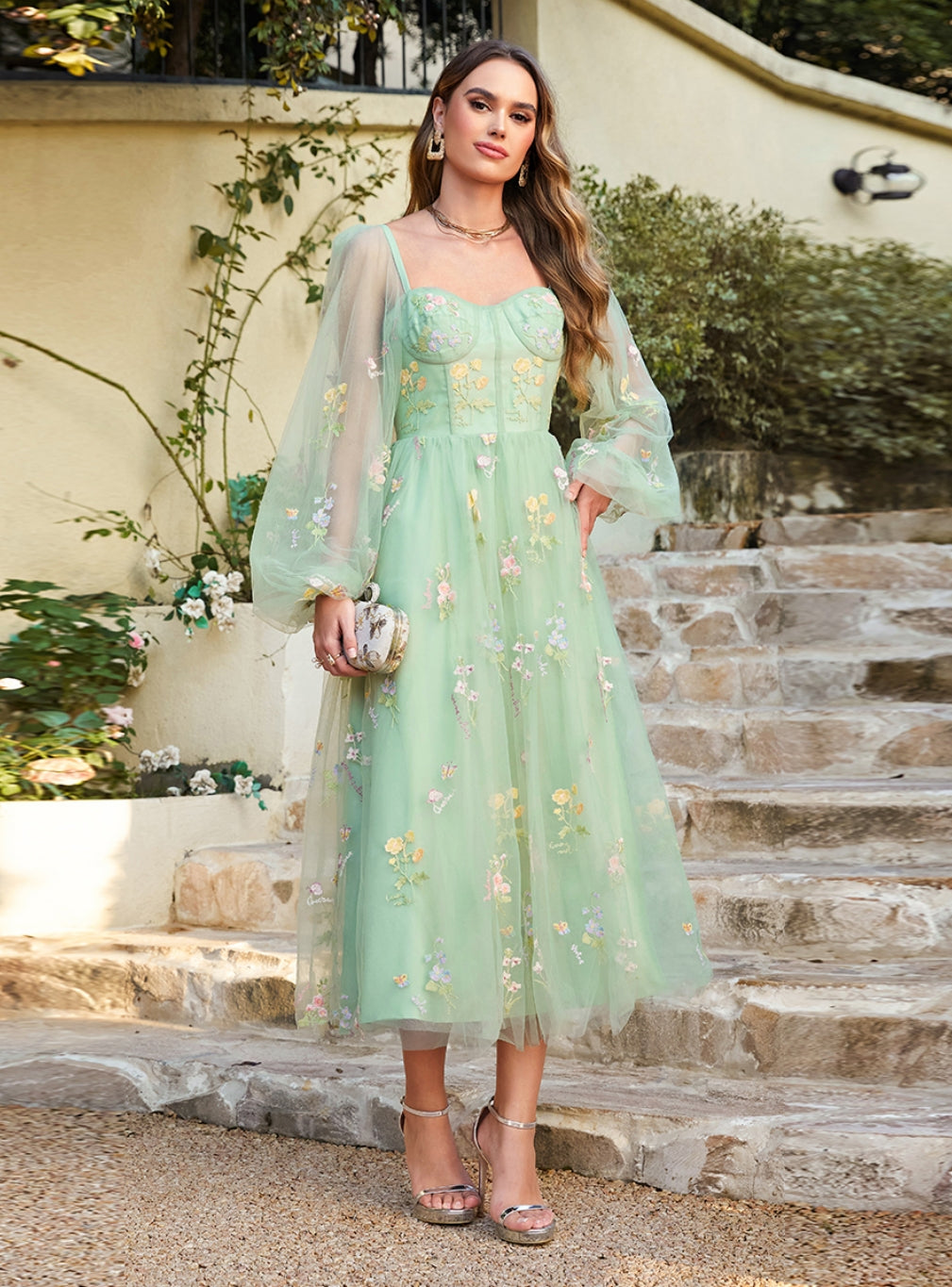 Glamorous A-line Long Sleeves Floral Ankle Length Dress